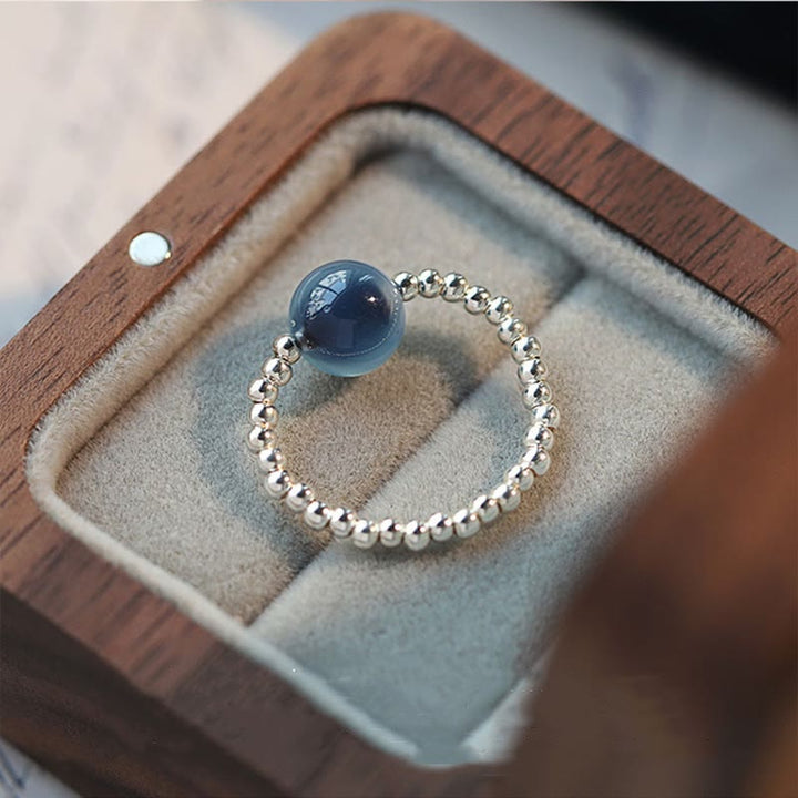 Anillo de cuentas curativas de ágata azul caramelo de plata de ley 925 con Buddha Stones