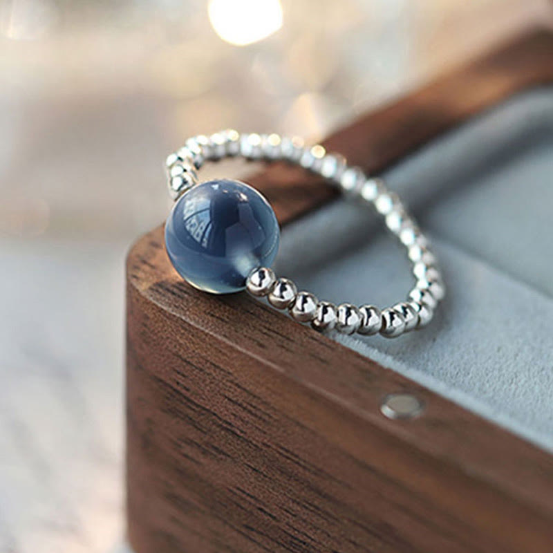 Anillo de cuentas curativas de ágata azul caramelo de plata de ley 925 con Buddha Stones