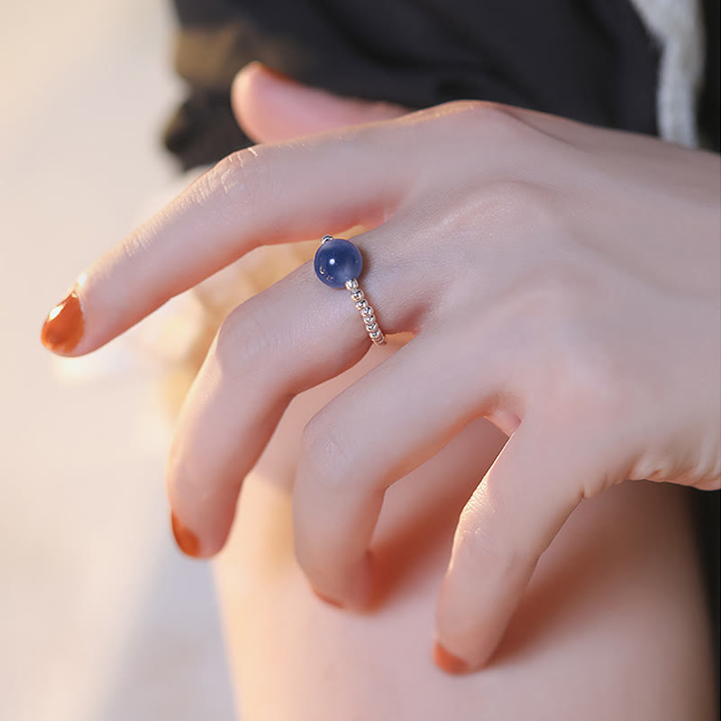 Anillo de cuentas curativas de ágata azul caramelo de plata de ley 925 con Buddha Stones