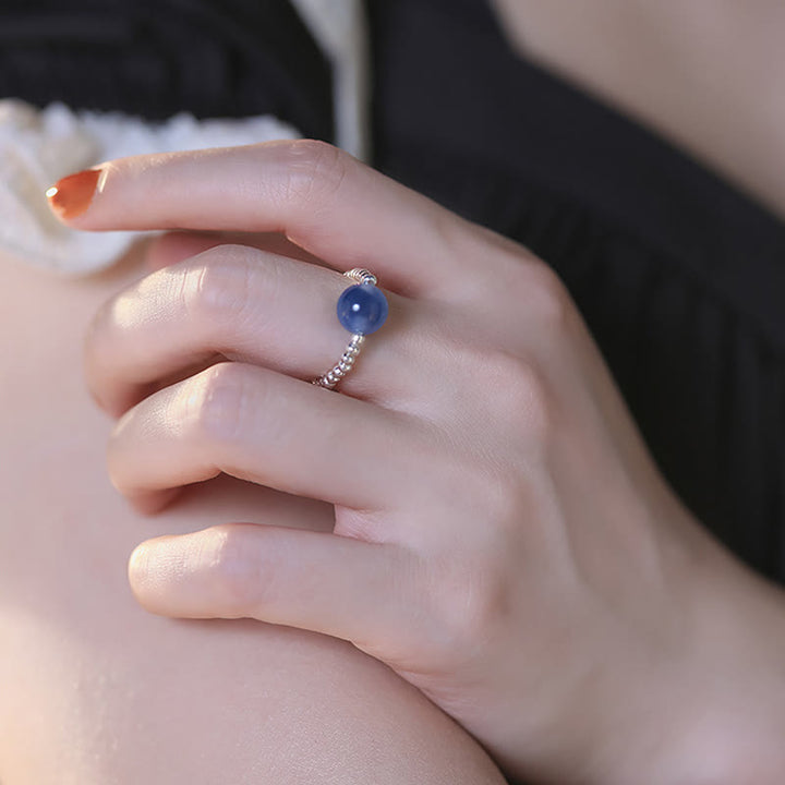Anillo de cuentas curativas de ágata azul caramelo de plata de ley 925 con Buddha Stones