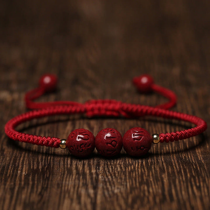 Pulsera trenzada hecha a mano con Buddha Stones, cinabrio, Om Mani Padme Hum, cuentas grabadas, bendición