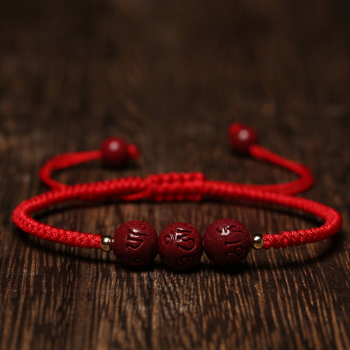 Pulsera trenzada hecha a mano con Buddha Stones, cinabrio, Om Mani Padme Hum, cuentas grabadas, bendición