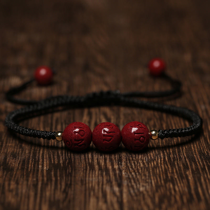 Pulsera trenzada hecha a mano con Buddha Stones, cinabrio, Om Mani Padme Hum, cuentas grabadas, bendición