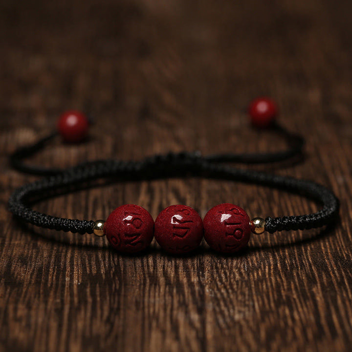 Pulsera trenzada hecha a mano con Buddha Stones, cinabrio, Om Mani Padme Hum, cuentas grabadas, bendición