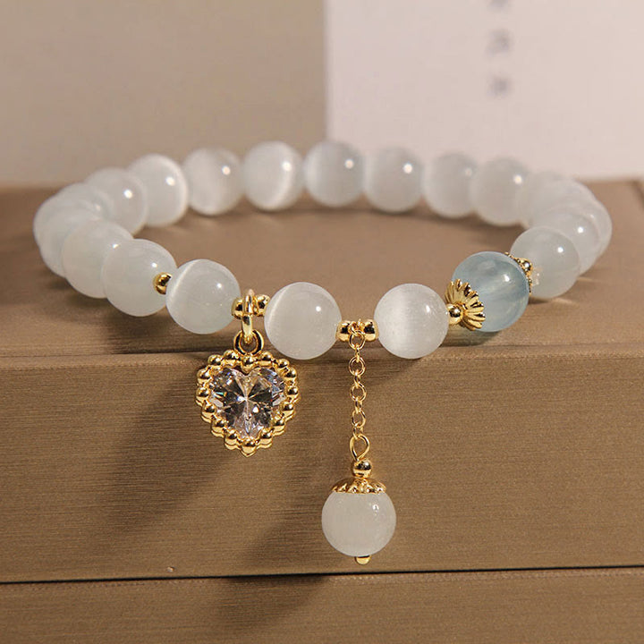 Pulsera de amor y paz con dije de circonita y corazón de cristal, ojo de gato , Buddha Stones