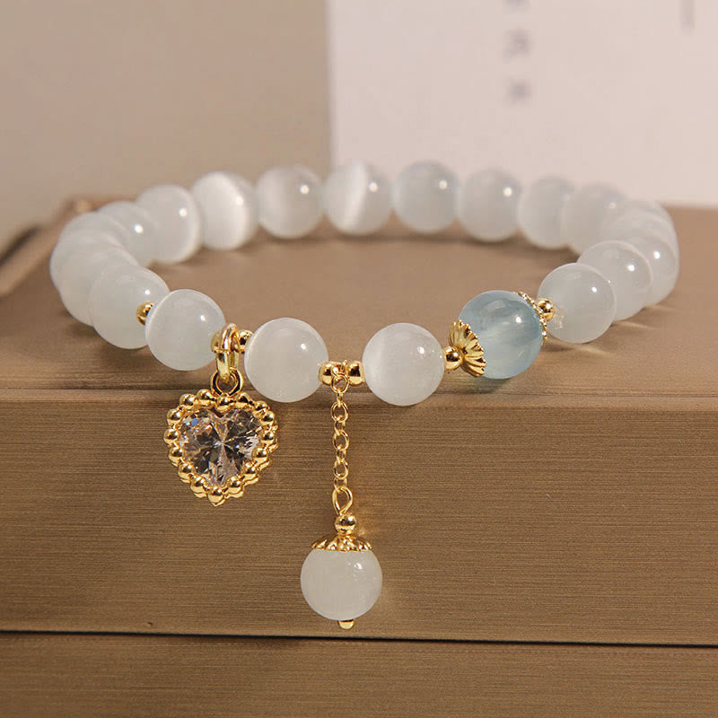Pulsera de amor y paz con dije de circonita y corazón de cristal, ojo de gato , Buddha Stones