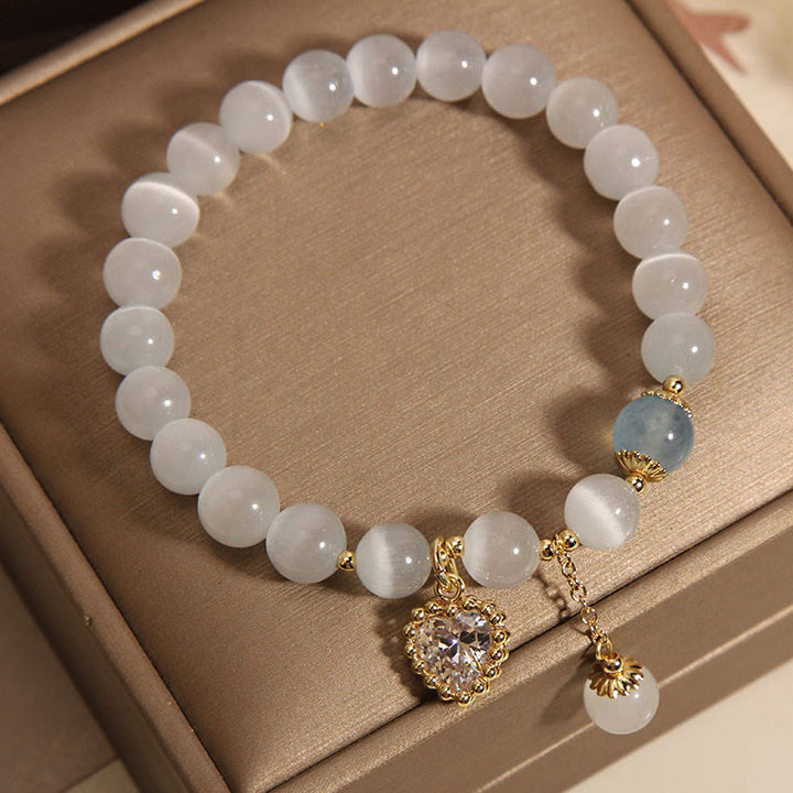 Pulsera de amor y paz con dije de circonita y corazón de cristal, ojo de gato , Buddha Stones