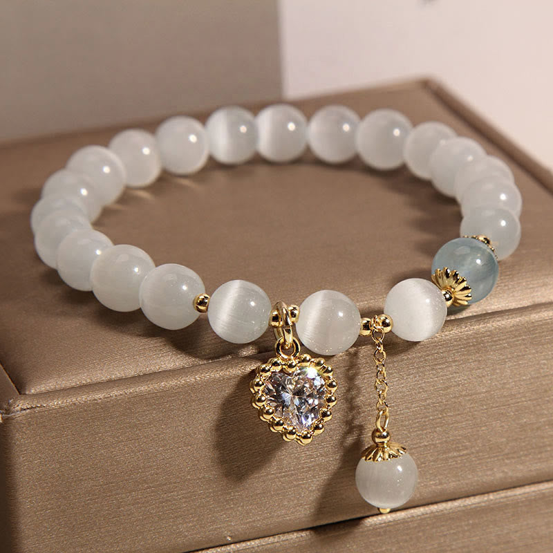 Pulsera de amor y paz con dije de circonita y corazón de cristal, ojo de gato , Buddha Stones