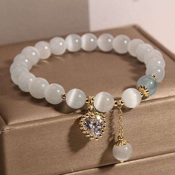 Pulsera de amor y paz con dije de circonita y corazón de cristal, ojo de gato , Buddha Stones