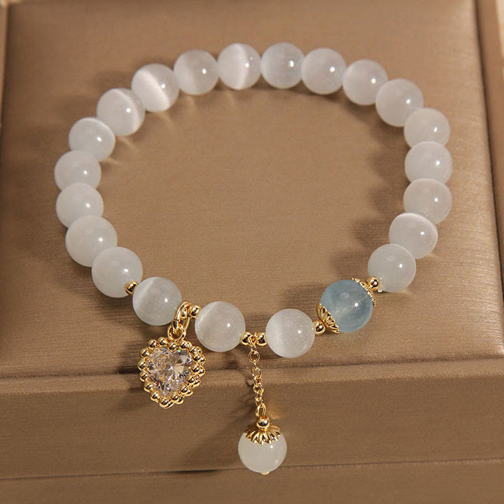 Pulsera de amor y paz con dije de circonita y corazón de cristal, ojo de gato , Buddha Stones