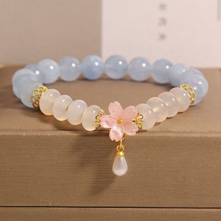 Buddha Stones aguamarina ágata blanca perla cuentas de ábaco pulsera curativa de flores