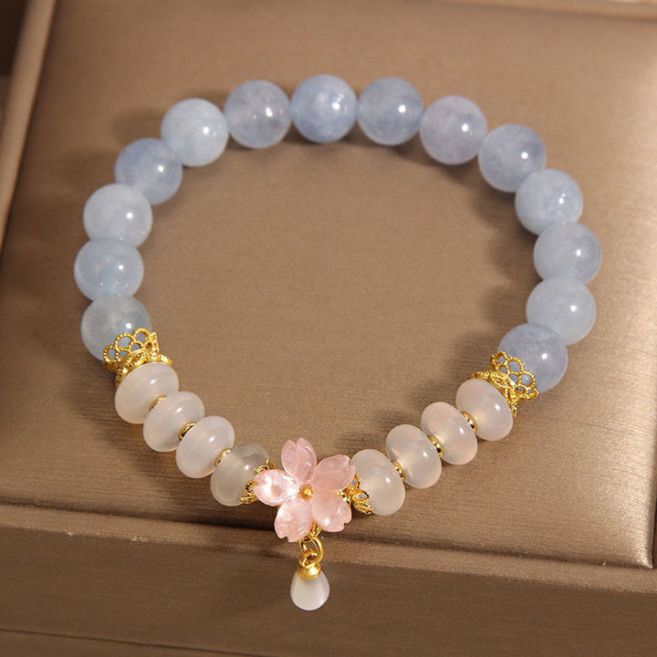 Buddha Stones aguamarina ágata blanca perla cuentas de ábaco pulsera curativa de flores
