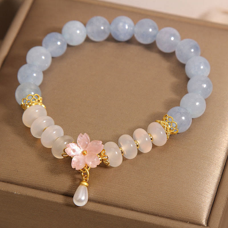 Buddha Stones aguamarina ágata blanca perla cuentas de ábaco pulsera curativa de flores