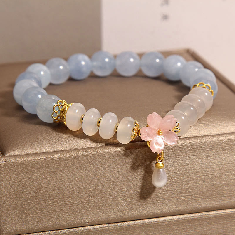 Buddha Stones aguamarina ágata blanca perla cuentas de ábaco pulsera curativa de flores
