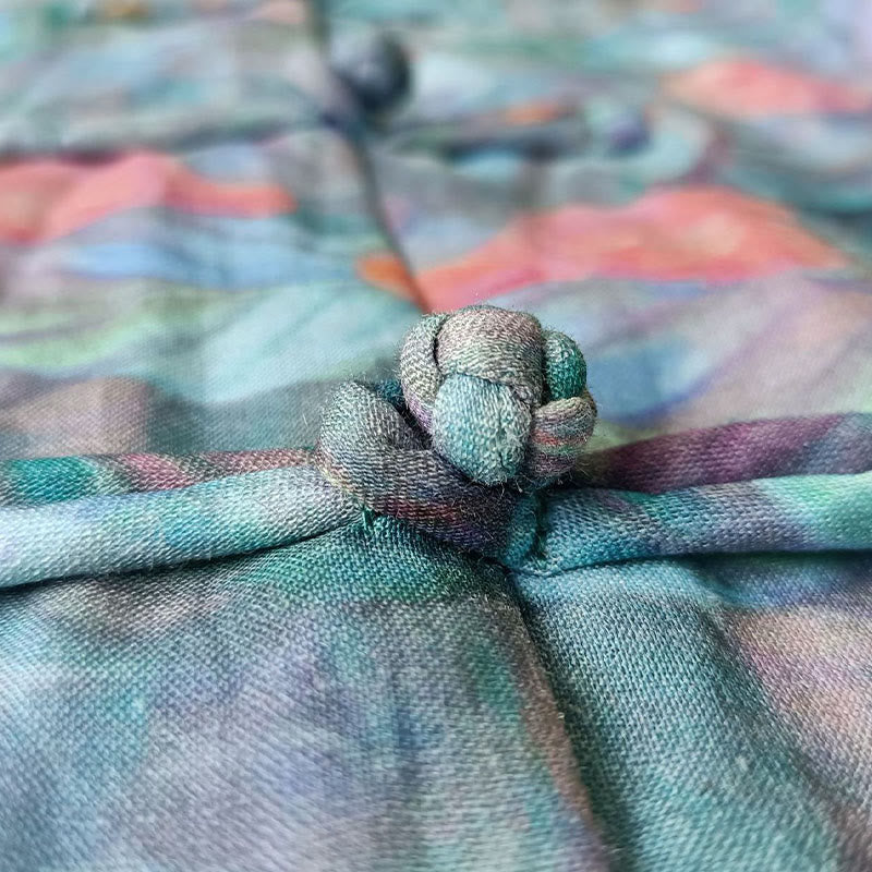 Buddha Stones Flores rosadas Estampado de hojas verdes Diseño de botón de rana Camisa de chaqueta de lino de ramio de manga larga - image 13