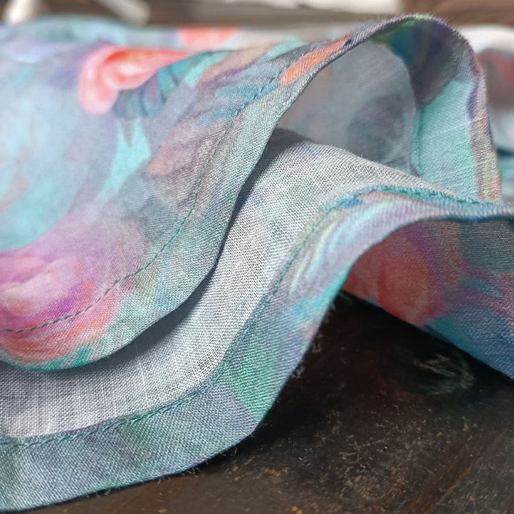 Buddha Stones Flores rosadas Estampado de hojas verdes Diseño de botón de rana Camisa de chaqueta de lino de ramio de manga larga - image 15