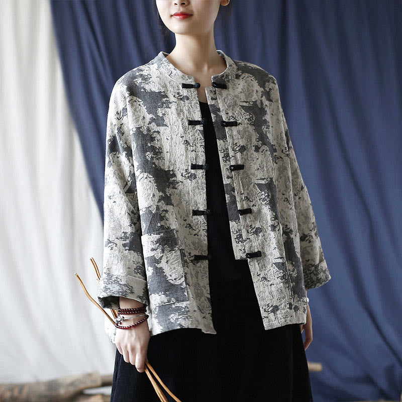 Camisa de chaqueta de lino de algodón de manga larga con diseño de botones de rana y estampado de Buddha Stones con bolsillos - image 1