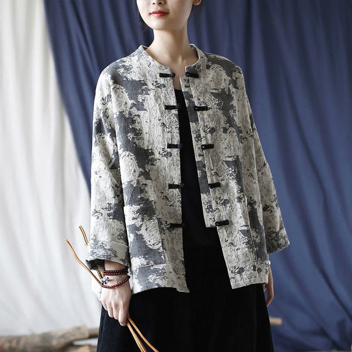 Camisa de chaqueta de lino de algodón de manga larga con diseño de botones de rana y estampado de Buddha Stones con bolsillos - image 1