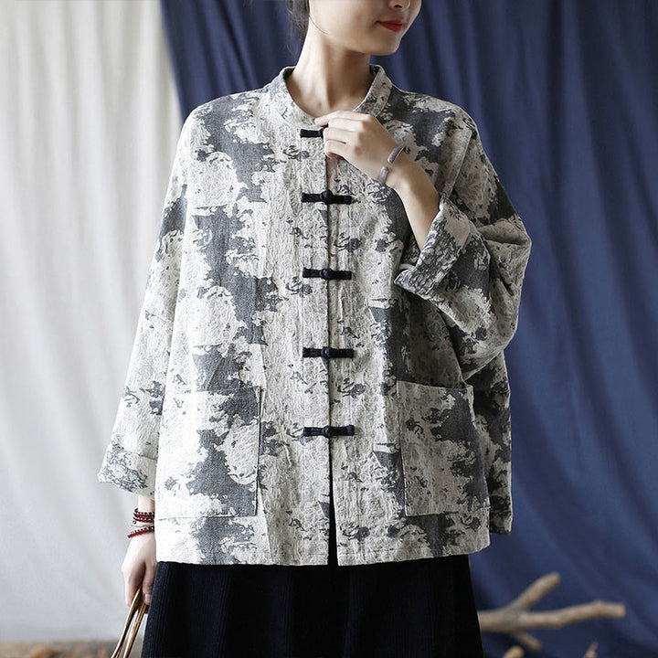 Camisa de chaqueta de lino de algodón de manga larga con diseño de botones de rana y estampado de Buddha Stones con bolsillos - image 19