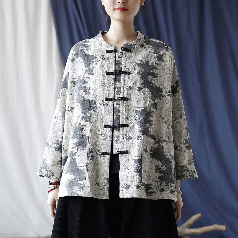 Camisa de chaqueta de lino de algodón de manga larga con diseño de botones de rana y estampado de Buddha Stones con bolsillos - image 17