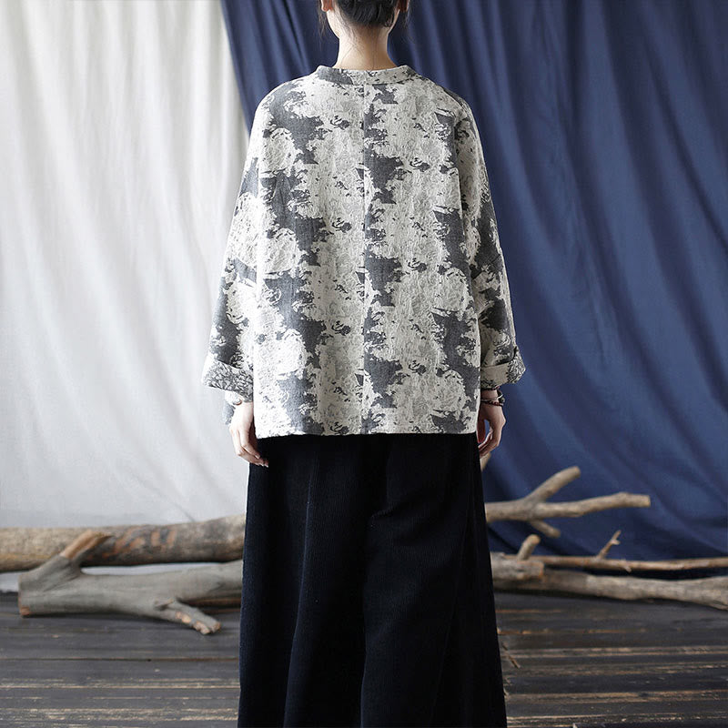 Camisa de chaqueta de lino de algodón de manga larga con diseño de botones de rana y estampado de Buddha Stones con bolsillos - image 31