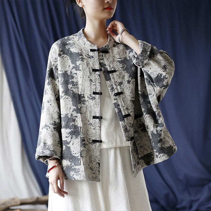 Camisa de chaqueta de lino de algodón de manga larga con diseño de botones de rana y estampado de Buddha Stones con bolsillos - image 26