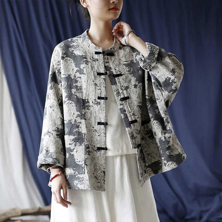 Camisa de chaqueta de lino de algodón de manga larga con diseño de botones de rana y estampado de Buddha Stones con bolsillos - image 26