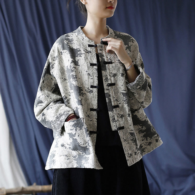 Camisa de chaqueta de lino de algodón de manga larga con diseño de botones de rana y estampado de Buddha Stones con bolsillos - image 25