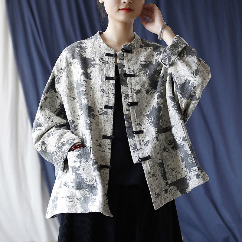 Camisa de chaqueta de lino de algodón de manga larga con diseño de botones de rana y estampado de Buddha Stones con bolsillos - image 21