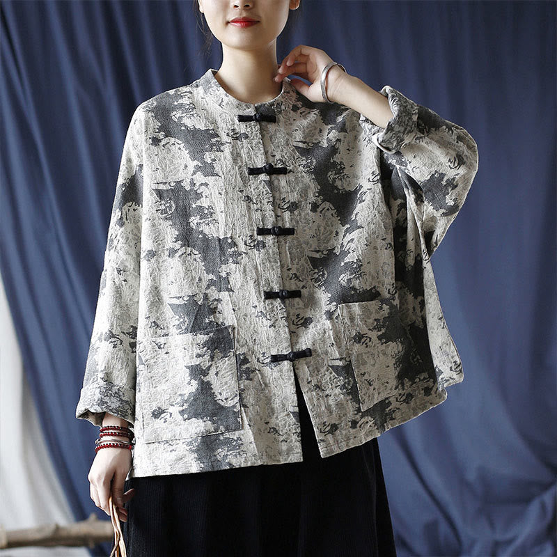 Camisa de chaqueta de lino de algodón de manga larga con diseño de botones de rana y estampado de Buddha Stones con bolsillos - image 28