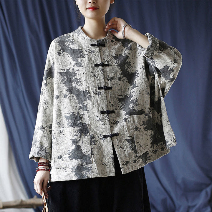 Camisa de chaqueta de lino de algodón de manga larga con diseño de botones de rana y estampado de Buddha Stones con bolsillos - image 28