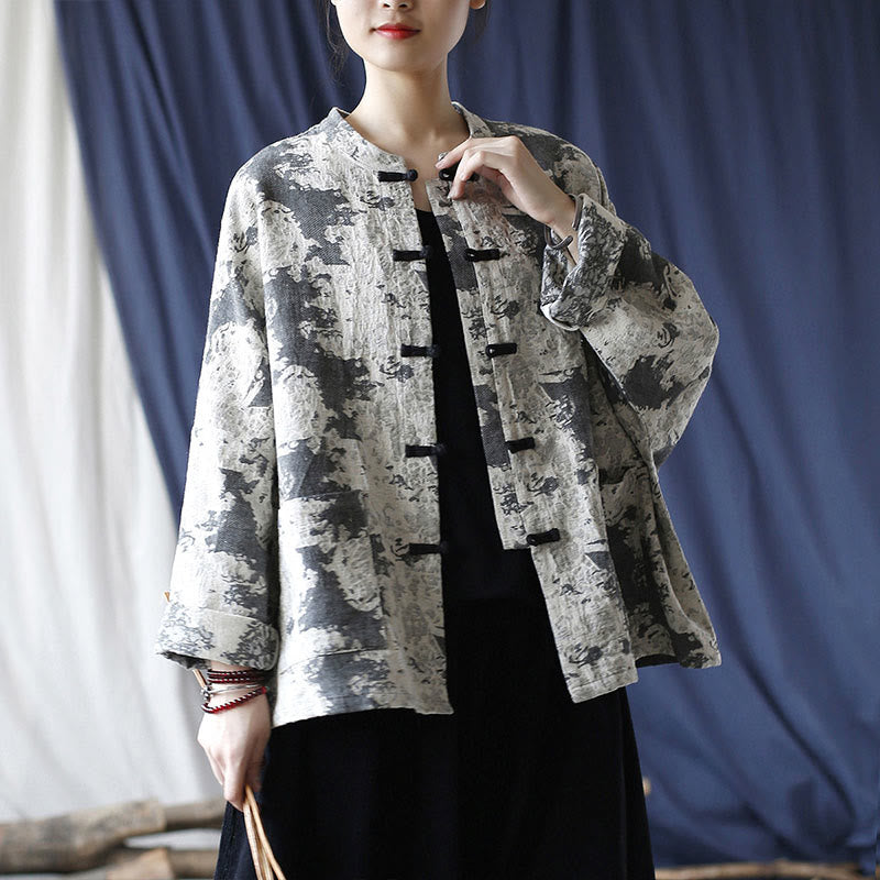 Camisa de chaqueta de lino de algodón de manga larga con diseño de botones de rana y estampado de Buddha Stones con bolsillos - image 27