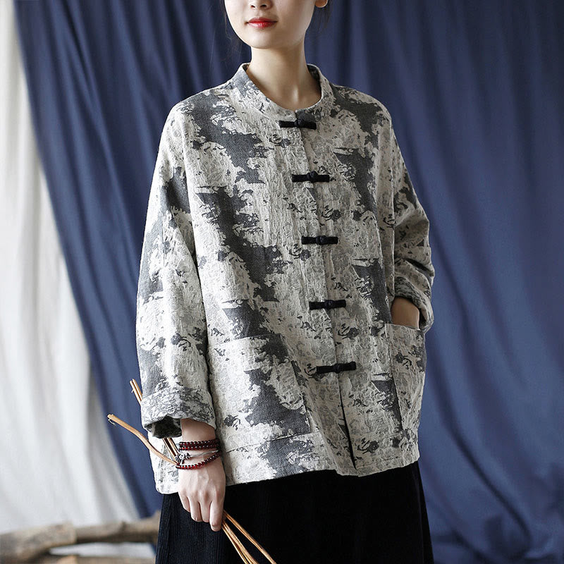 Camisa de chaqueta de lino de algodón de manga larga con diseño de botones de rana y estampado de Buddha Stones con bolsillos - image 4