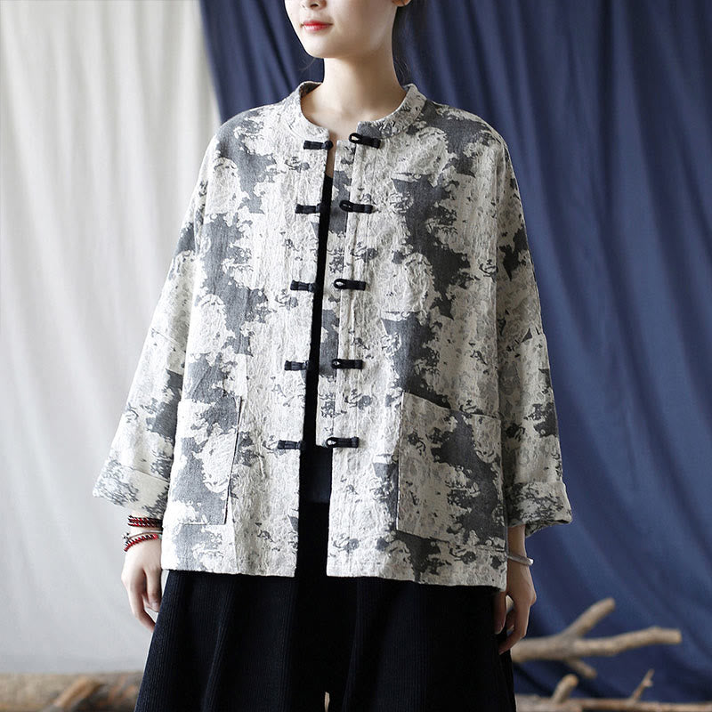Camisa de chaqueta de lino de algodón de manga larga con diseño de botones de rana y estampado de Buddha Stones con bolsillos - image 5