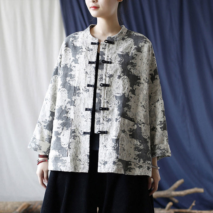 Camisa de chaqueta de lino de algodón de manga larga con diseño de botones de rana y estampado de Buddha Stones con bolsillos - image 5
