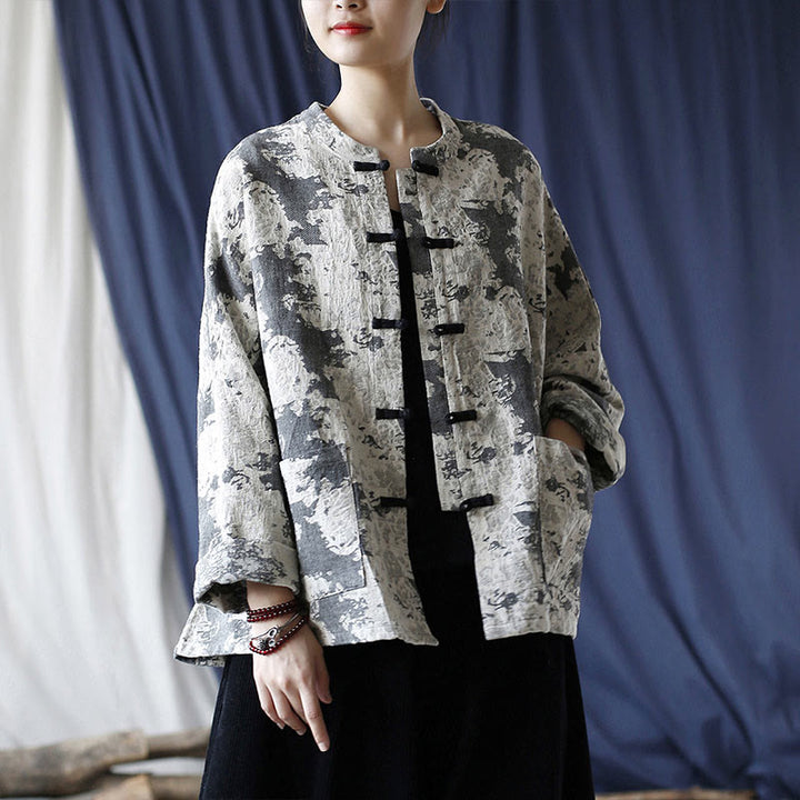 Camisa de chaqueta de lino de algodón de manga larga con diseño de botones de rana y estampado de Buddha Stones con bolsillos - image 20
