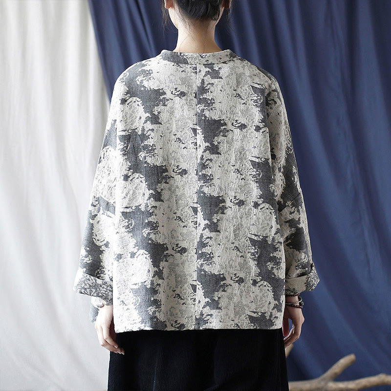 Camisa de chaqueta de lino de algodón de manga larga con diseño de botones de rana y estampado de Buddha Stones con bolsillos - image 2