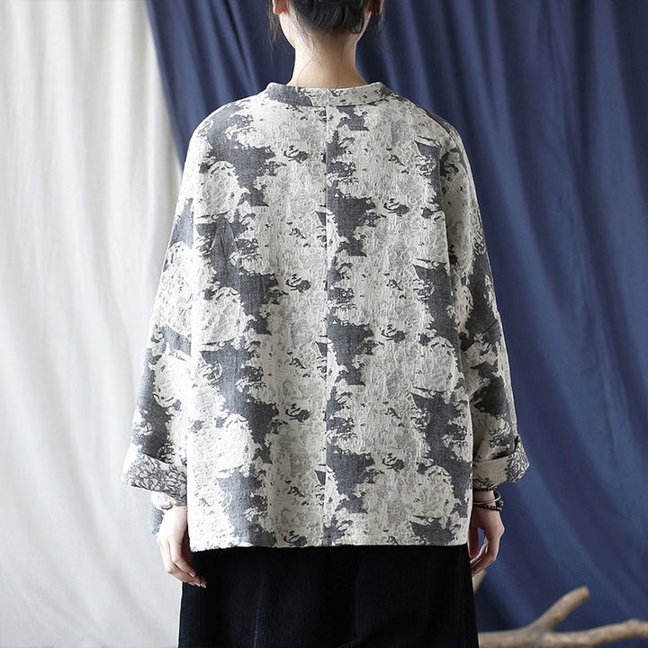 Camisa de chaqueta de lino de algodón de manga larga con diseño de botones de rana y estampado de Buddha Stones con bolsillos - image 2