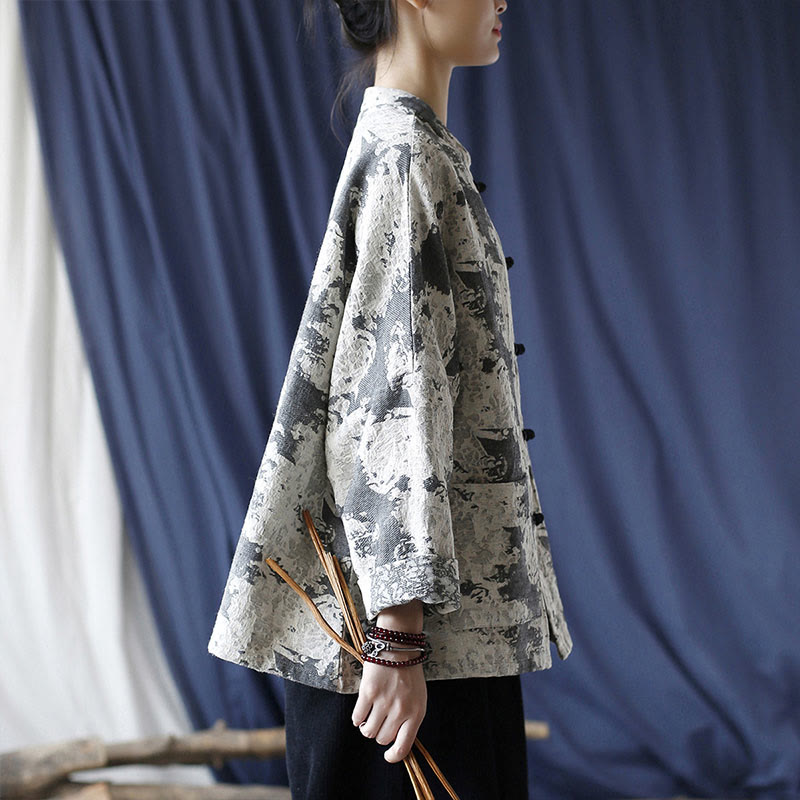 Camisa de chaqueta de lino de algodón de manga larga con diseño de botones de rana y estampado de Buddha Stones con bolsillos - image 3