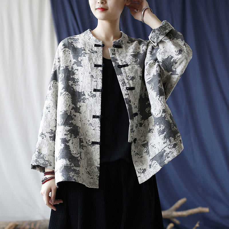 Camisa de chaqueta de lino de algodón de manga larga con diseño de botones de rana y estampado de Buddha Stones con bolsillos - image 18