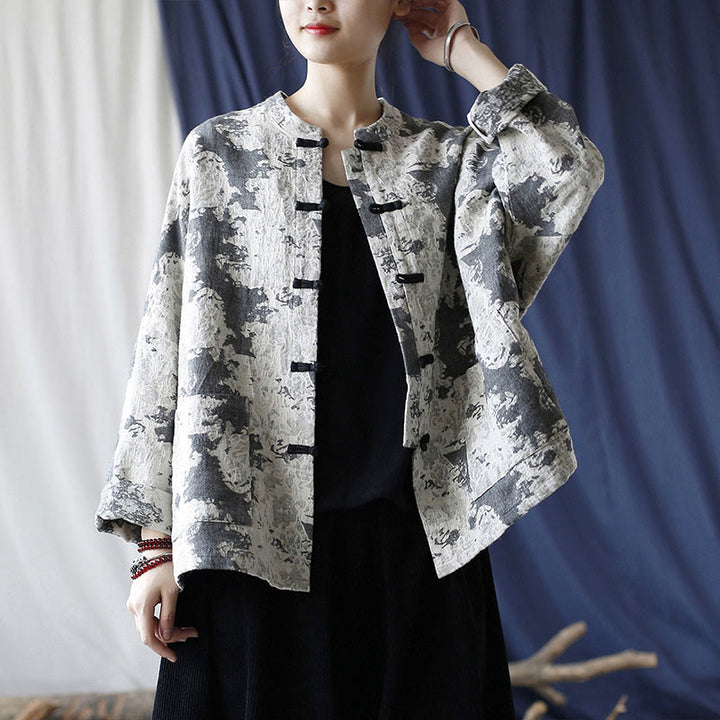 Camisa de chaqueta de lino de algodón de manga larga con diseño de botones de rana y estampado de Buddha Stones con bolsillos - image 18
