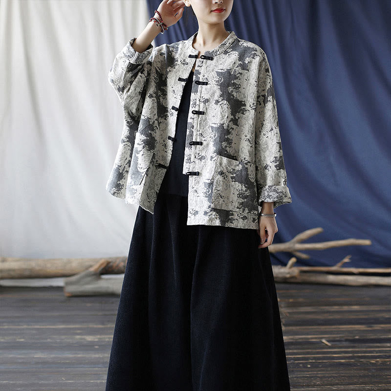 Camisa de chaqueta de lino de algodón de manga larga con diseño de botones de rana y estampado de Buddha Stones con bolsillos - image 33