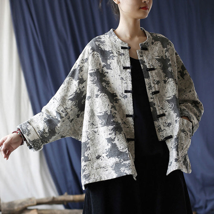 Camisa de chaqueta de lino de algodón de manga larga con diseño de botones de rana y estampado de Buddha Stones con bolsillos - image 16