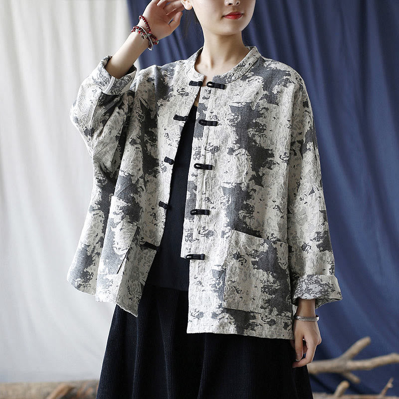 Camisa de chaqueta de lino de algodón de manga larga con diseño de botones de rana y estampado de Buddha Stones con bolsillos - F (Apto para US4-12; UK/AU8-16; UE 36-44) (Solo chaqueta) - image 0