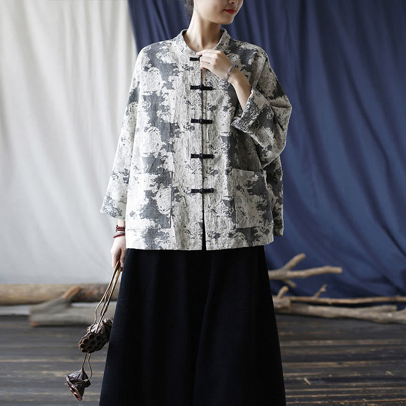 Camisa de chaqueta de lino de algodón de manga larga con diseño de botones de rana y estampado de Buddha Stones con bolsillos - image 34