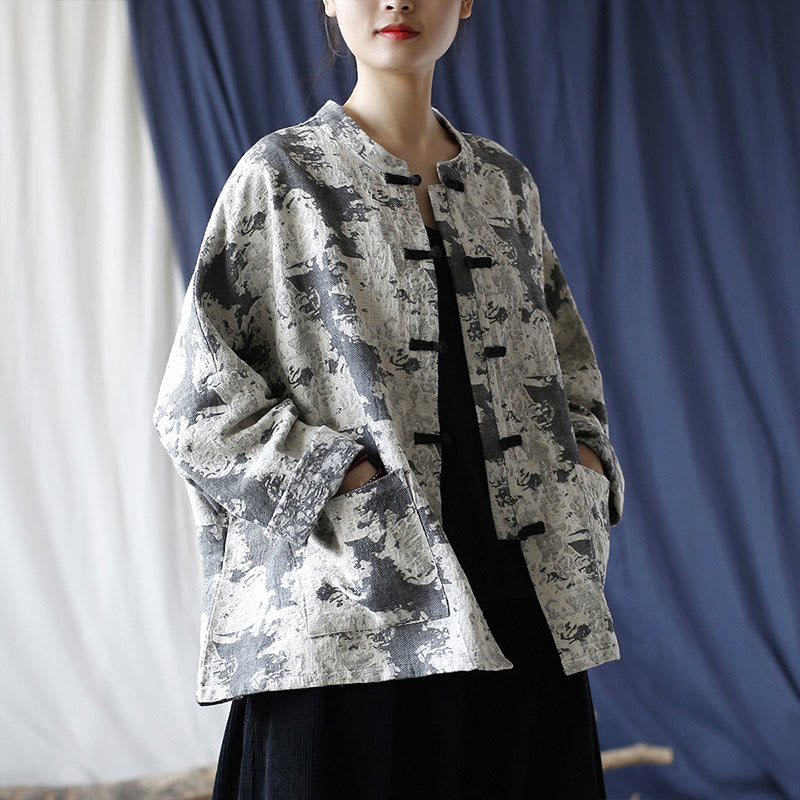 Camisa de chaqueta de lino de algodón de manga larga con diseño de botones de rana y estampado de Buddha Stones con bolsillos - image 22