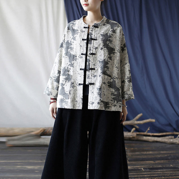 Camisa de chaqueta de lino de algodón de manga larga con diseño de botones de rana y estampado de Buddha Stones con bolsillos - image 36