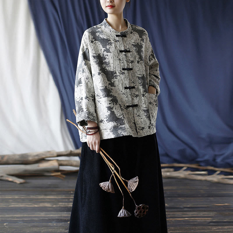 Camisa de chaqueta de lino de algodón de manga larga con diseño de botones de rana y estampado de Buddha Stones con bolsillos - image 35