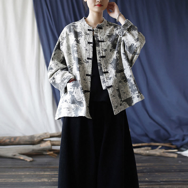 Camisa de chaqueta de lino de algodón de manga larga con diseño de botones de rana y estampado de Buddha Stones con bolsillos - image 38