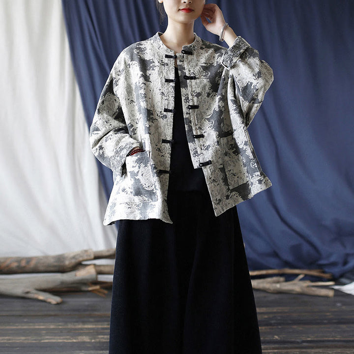 Camisa de chaqueta de lino de algodón de manga larga con diseño de botones de rana y estampado de Buddha Stones con bolsillos - image 38